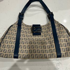 Fendi Navy and Beige Zucca Canvas Shoulder Bag